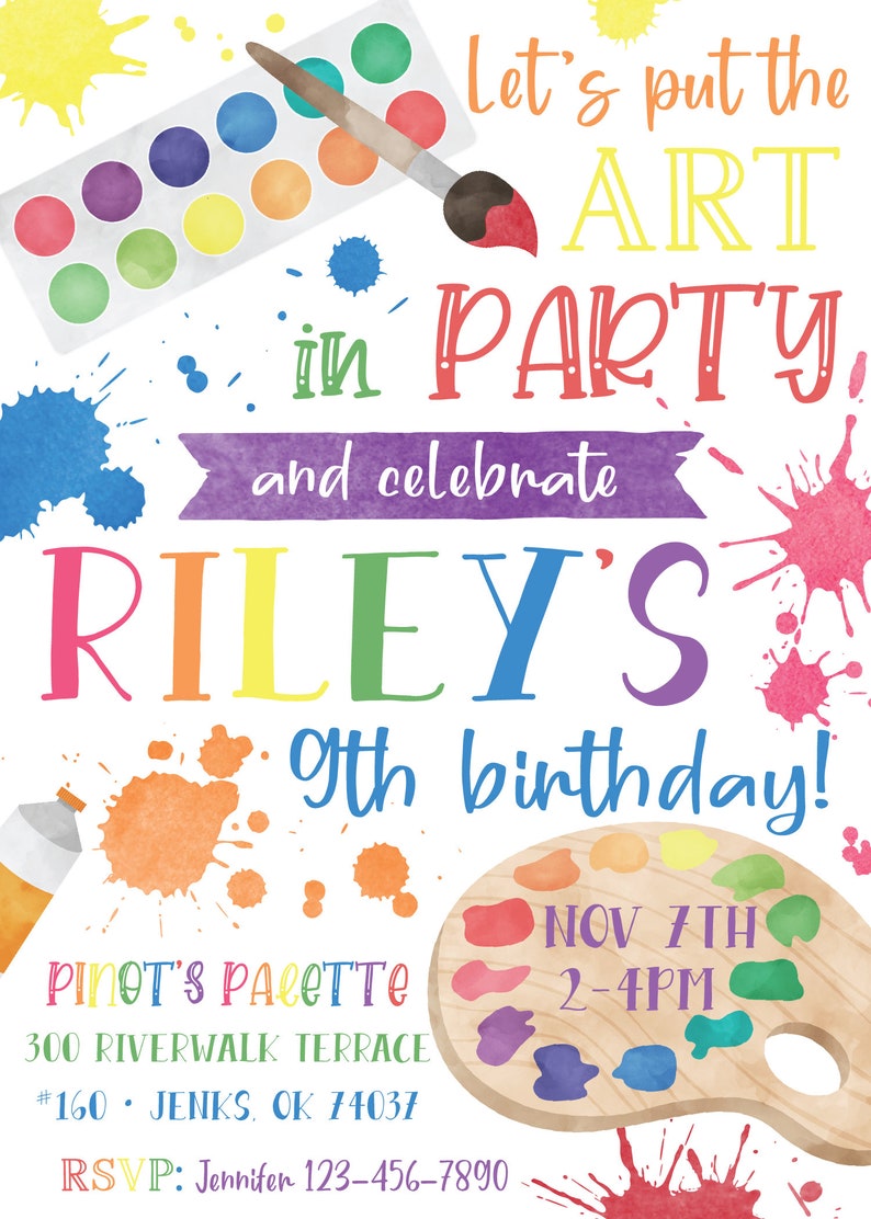 Art Party Birthday Printable Invitation Artist Birthday Party Invite Painting Birthday Art Themed Party Digital Personalized Invite image 2