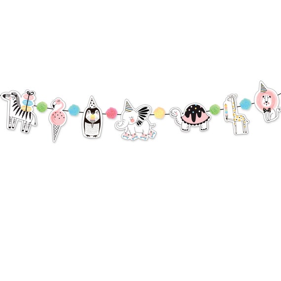 Party Animals Banner with Pom-Poms 6ft | Party Animals Birthday Garland | Wild One Birthday Banner | Zoo Animals Banner | Ice Cream Party Il_570xn