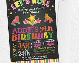 Neon Roller Skating Birthday Invitation - 80s Skate Party (Digital Download)