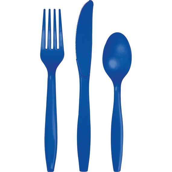 Cobalt Blue Premium Plastic Cutlery Service for 8 | Plastic Silverware ...