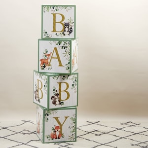 Woodland Baby Block Decorations 4ct Forest Animals Baby Shower Block Letters Woodland First Birthday Backdrop Woodland Gender Reveal image 3