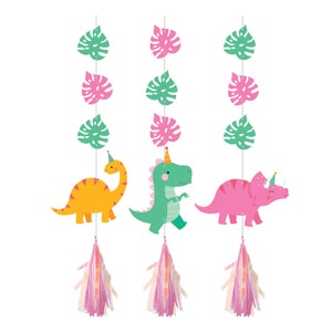 Girl Dinosaur Hanging Decorations 3ct | Girl Birthday Party | Pink Dinosaur Decor for Girls | Three Rex | Dino Baby Shower | Garlands