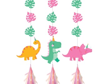 Girl Dinosaur Hanging Decorations 3ct | Girl Birthday Party | Pink Dinosaur Decor for Girls | Three Rex | Dino Baby Shower | Garlands
