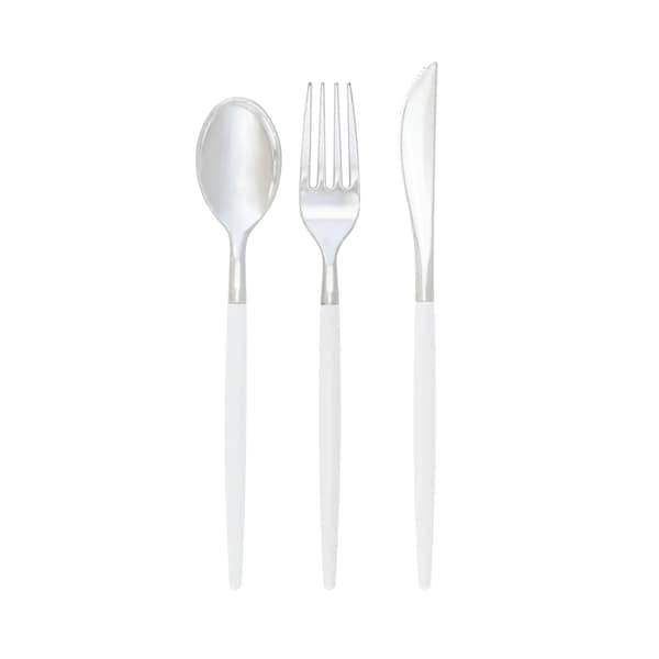 White & Silver Plastic Cutlery Set for 8 | Plastic Silverware, Disposable Flatware, Wedding Cutlery, Bachelorette, Birthday, Baby Shower