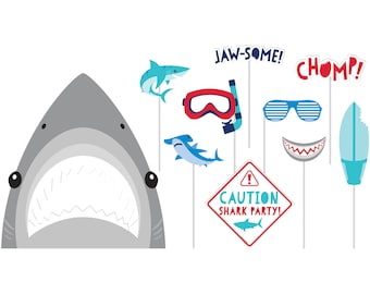 Shark Party Photo Booth Props (10ct) - Under the Sea or Jawsome Birthday Decor