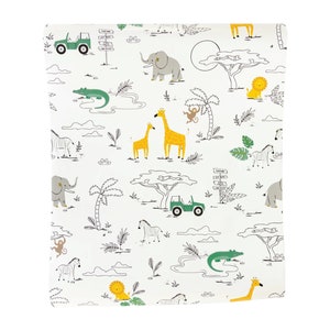 May include: White fabric with a repeating pattern of safari animals, including giraffes, elephants, zebras, lions, monkeys, crocodiles, and jeeps. The pattern is in black, green, yellow, and gray.