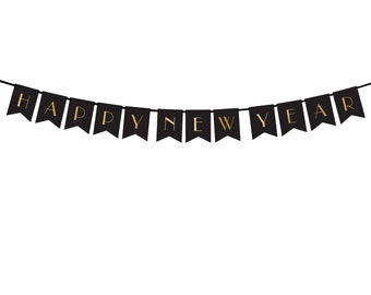 Feliz Año Nuevo Banner 5.5ft / Decoraciones de fiesta de Nochevieja / Banner de Nochevieja / Telón de fondo NYE / Nochevieja negra y dorada