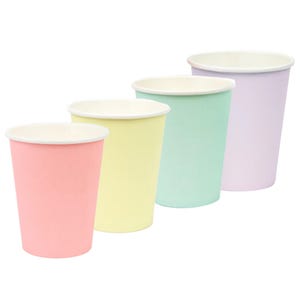 May include: Four pastel colored paper cups. The cups are pink, yellow, light green, and lavender.