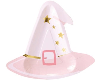 May include: Pink and white witch hat shaped paper plate with gold stars and a pink buckle.
