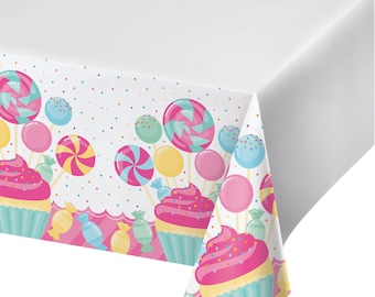 Candy Shop Plastic Table Cover 48in x 88in | Candy Shop Birthday Party | Candy Land Christmas | Sweet Shoppe Decor | Reusable Tablecloth