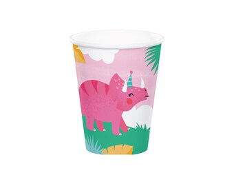 Girl Dinosaur Paper Cups 8ct | Pink Dinosaur Decor | Girl Dinosaur Birthday | Dinosaur Birthday Party Decorations | Girl Dinosaur Tableware