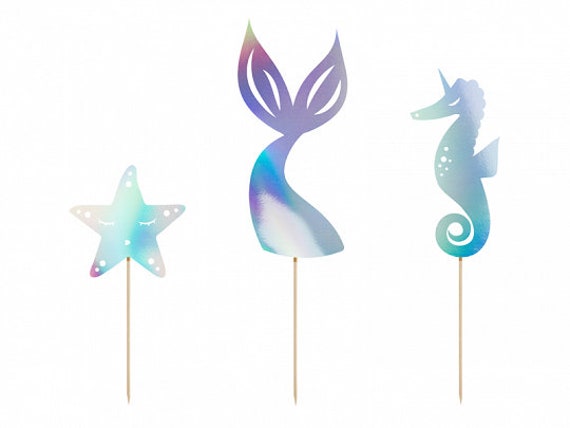 Iridescent Mermaid Cake Toppers 3ct | Under the Sea Birthday Decorations | Mermaid Baby Shower | Girls Birthday Party | Cake Toppers Il_570xn
