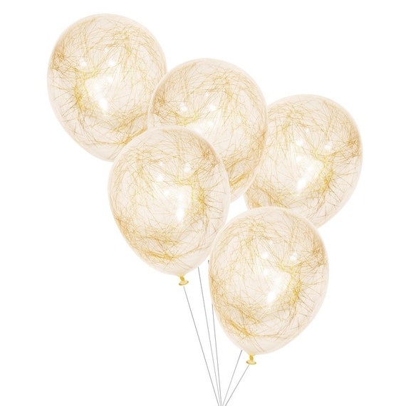 Gold Angel Hair Confetti Clear Balloons | New Year's Eve Decor | Bridal Shower Balloons | Gold Graduation Decorations | Pack of 5 Balloons Il_570xn