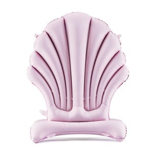 May include: A pink inflatable seashell shaped pool float with a back rest and a seat. The float is designed to resemble a seashell with a ribbed texture.