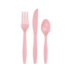 May include: A set of pink plastic cutlery, including a fork, knife, and spoon.
