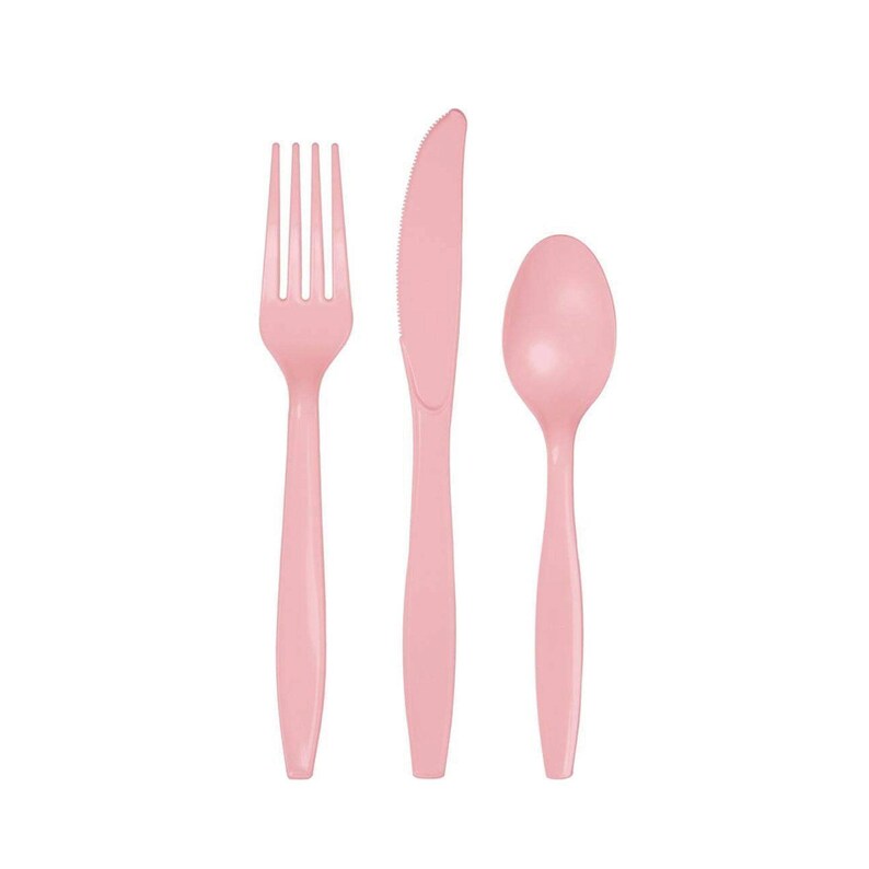 May include: A set of pink plastic cutlery, including a fork, knife, and spoon.