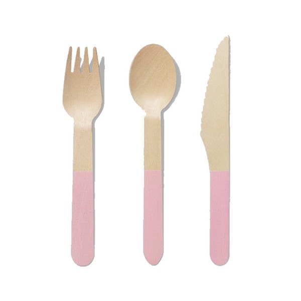 Pale Pink Wooden Cutlery Service for 10 | Girl Baby Shower | Pink Party Supplies | Wood Flatware | Girl Birthday Party | Pink Silverware