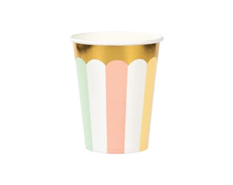 Pastel Striped Paper Cups (8ct) – Gold Foil Decorations for Ice Cream Birthday Party