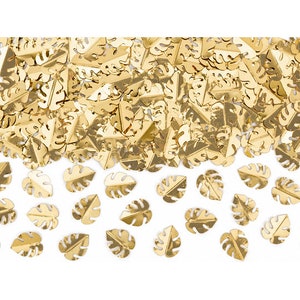 Confeti de hojas tropicales de oro metálico .5oz / Fiesta de cumpleaños Tutti Frutti / Ducha nupcial tropical / Decoración luau de verano / Dispersión de mesa en la selva
