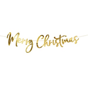 VENTA / Oro Feliz Navidad Carta Cursiva Banner / Decoraciones de fiesta de cena de Navidad / Fiesta navideña para niños / Guirnalda de fiesta de Navidad de oro
