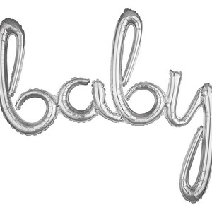 Silver “baby” Cursive Balloon Banner – Gender Neutral Baby Shower Decoration