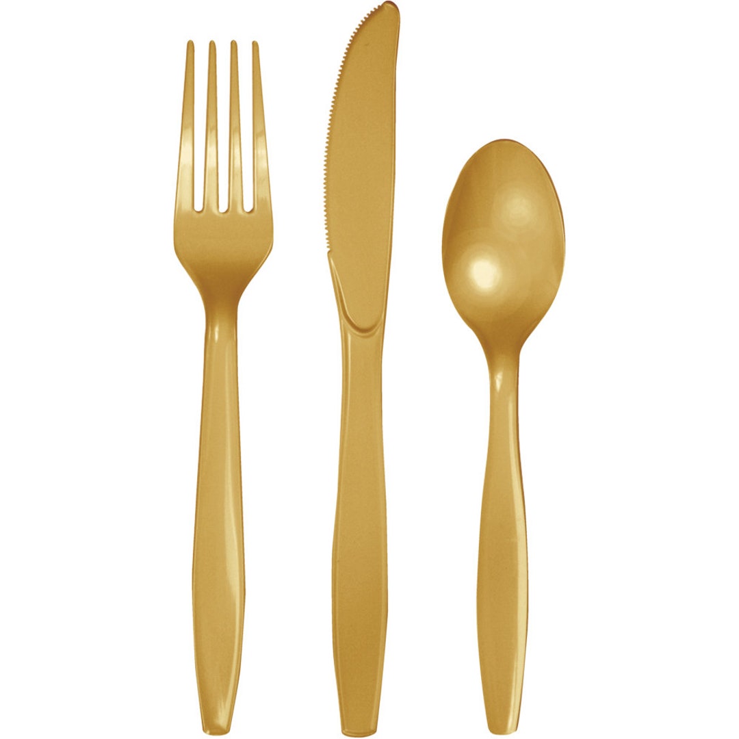 Gold Plastic Cutlery Service for 8 Plastic Silverware Party Utensils