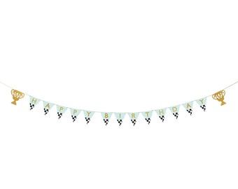 Race Car Birthday Banner 8ft – Checkered Flag and Gold Trophy Pennant Party Decor