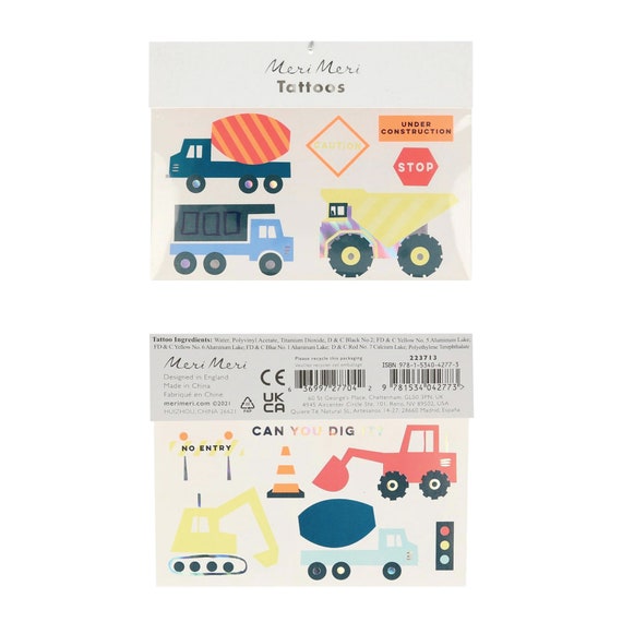 Construction Temporary Tattoos 2ct | Construction Birthday Party | Dump Truck Birthday | Under Construction | Boys Birthday | Meri Meri Il_570xn