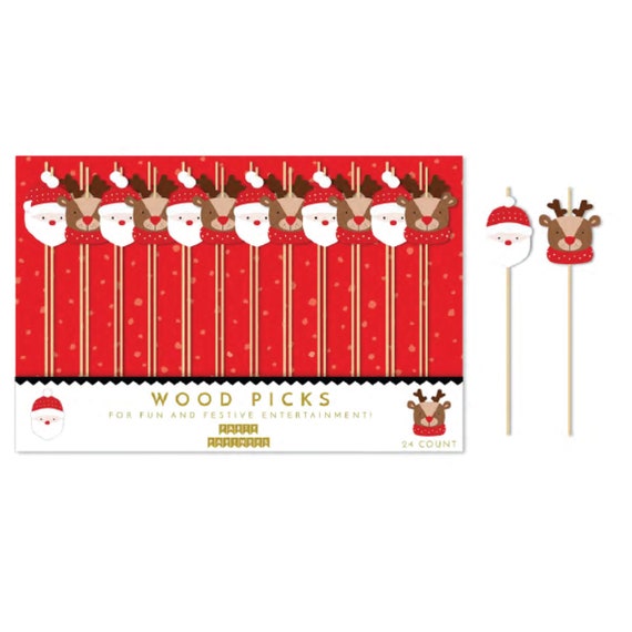 Santa & Reindeer Christmas Cocktail Picks 24ct | Christmas Cake Decor | Kid Christmas Party | Wooden Food Picks | Holiday Cocktail Stirrer Il_570xn