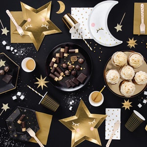 Black & Gold Star Dessert Plates 6ct New Year's Eve Party Wedding Shower Plates Milestone Birthday Party Decor Graduation Party image 2