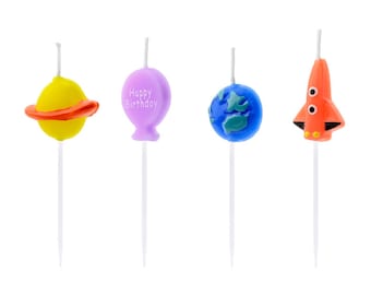 Space Birthday Candles 4ct | Blast Off Birthday Party Decor | Outer Space Baby Shower | Two The Moon | Out of This World Cake Decorations