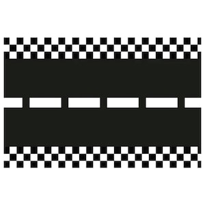 May include: A vector illustration of a race track design. The track is black with two white dashed lines down the center. Checkered black and white flags border the top and bottom of the track.
