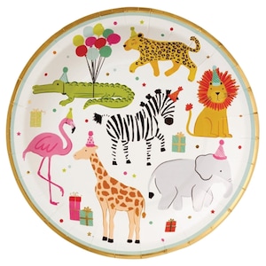Assiettes plates Safari anniversaire (8 carats) - Décoration animaux de la jungle feuille d'or