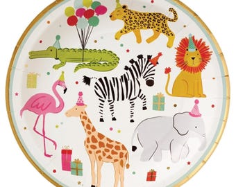 Safari Birthday Dinner Plates (8ct) – Gold Foil Jungle Animals Decor