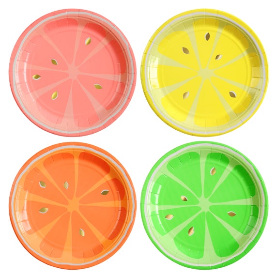Neon Citrus Fruit Party Plates 7.3" | Two-tti Frutti Party | Fruit Birthday Party | Fruit Theme Party | Pack of 8 Dessert Paper Plates Il_570xn