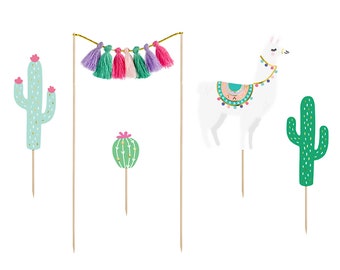 Boho Llama Cake Toppers 5ct | Girls Birthday Party | Cactus Party Cake Decorations | Boho Fiesta Party Decor | No Llama Drama Party Picks
