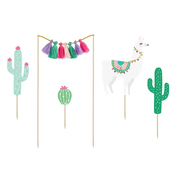 Boho Llama Cake Toppers | Girls Birthday Party | Cactus Party Cake Decorations | Boho Fiesta Party Decor | Pack of 5 Wooden Party Picks Il_570xn