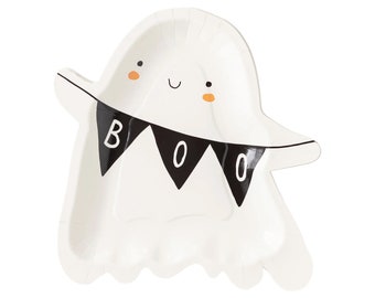 Ghost Plates with Boo Banner (8ct) – Halloween Party Plates for Spooky or Groovy Decor