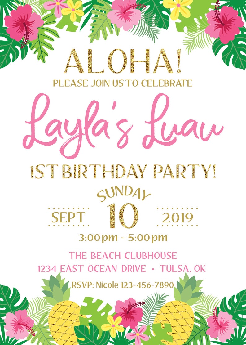 Luau Birthday Invitation Summer Pool Party Pineapple Tropical Party Hawaiian Party Aloha Personalized Printable Invitation image 2