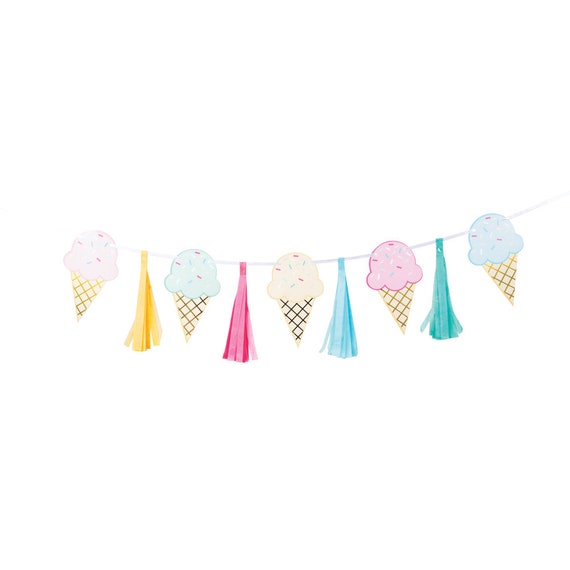 Ice Cream Tassel Banner 6.4ft | Ice Cream Social Party | Girls Birthday Party | Ice Cream Garland | Summer Party Decor | Here's the Scoop Il_570xn