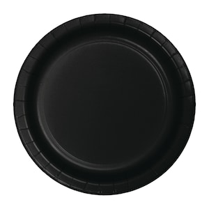 May include: Black paper plate with a smooth surface and a slightly raised rim.