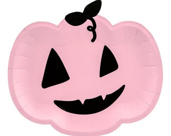 Pink Halloween Pumpkin Plates 6ct | Kids Halloween Party Decorations | Pink Halloween Birthday | Trick or Treat Party | Paper Plates