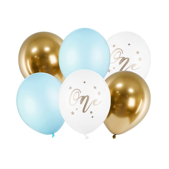 PALLONCINI COMPOSIZIONE PRIMO COMPLEANNO BIMBO ORO E AZZURRO 5 PZ