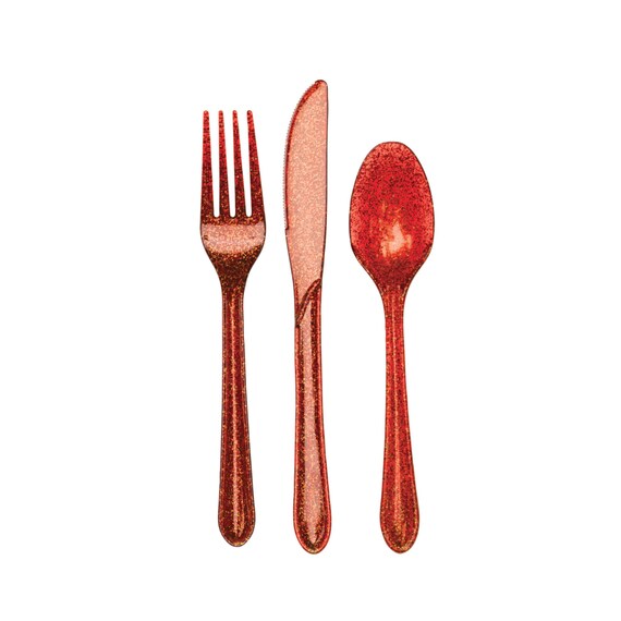 Red Glitter Plastic Cutlery Service for 8 | Party Utensils | Disposable Flatware | Christmas Cutlery Set | Valentine's Silverware Il_570xn