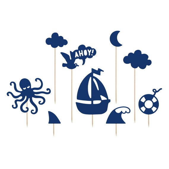 Nautical Theme Cake Toppers 9ct | Nautical Cake Toppers | Nautical First Birthday | Ahoy Boy Baby Shower | Ocean Party Il_570xn