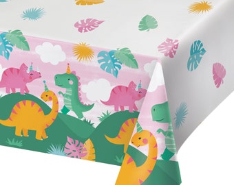 Meisje dinosaurus papieren tafelkleed | Verjaardagsfeestje voor meisjes | Roze dinosaurusdecor | Dino Feesttafel Decor | Drie Rex-partij | Dino-mijtfeest