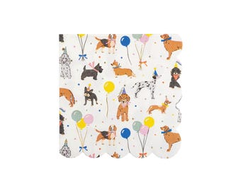 May include: White scalloped-edge paper napkins with a repeating pattern of various dog breeds wearing party hats and holding balloons. The dogs are in shades of brown, black, and white, with colorful balloons.