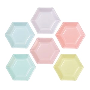 May include: Six pastel colored hexagon shaped paper plates. The plates are in shades of light blue, pink, yellow, and purple.