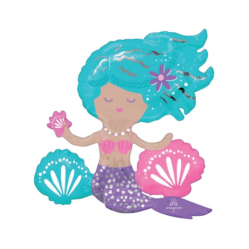 May include: A turquoise mermaid balloon with a purple tail, pink seashells, and a pearl necklace. The mermaid has brown skin, blue eyes, and a flower in her hair.