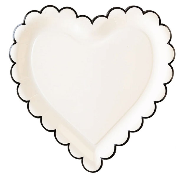 Black & Cream Scalloped Heart Lunch Plates 8ct | Valentine's Day Party | Galentine's Day Party | Valentine Plates | Bridal Shower Plates